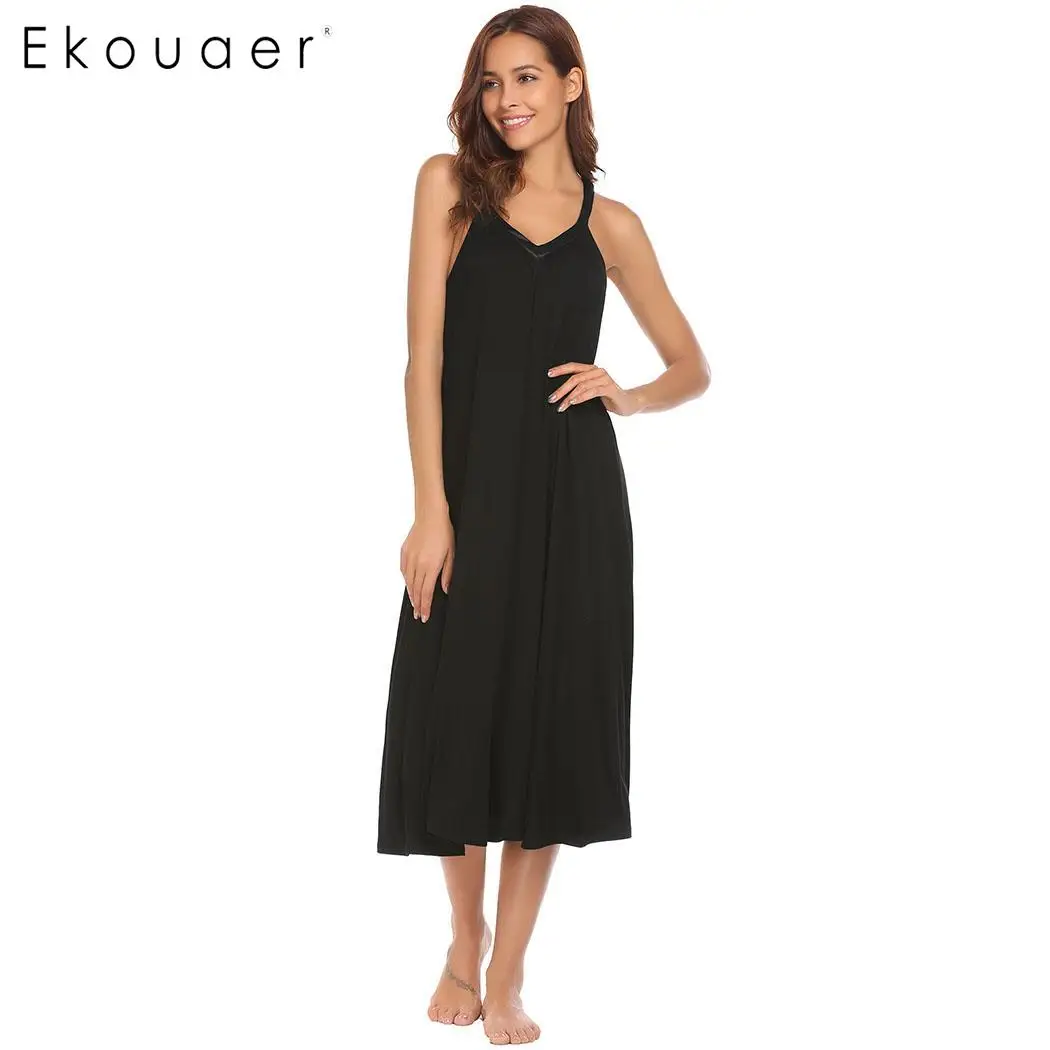 Ekouaer Night Dress Women Lingerie Sleepwear V-Neck Sleeveless Midi Sleep Dress Loungewear Nighty Sleepshirts Cotton Nightgown - Цвет: Black