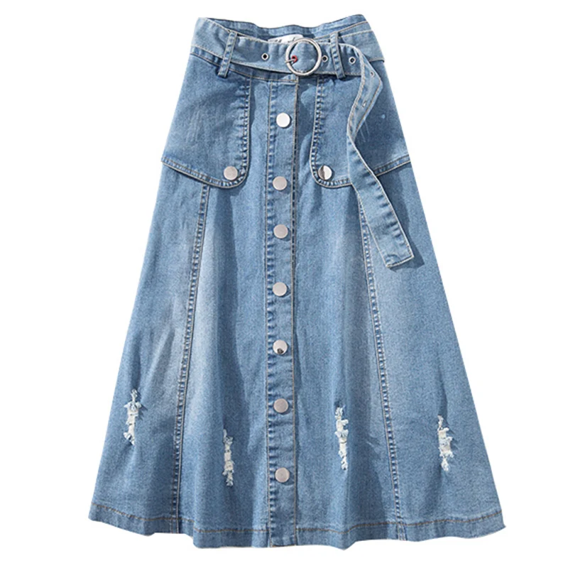 UHYTGF Women skirts Fashion button summer Denim skirt women Belt high waist elegant lady jeans skirt casual plus size skirts 639