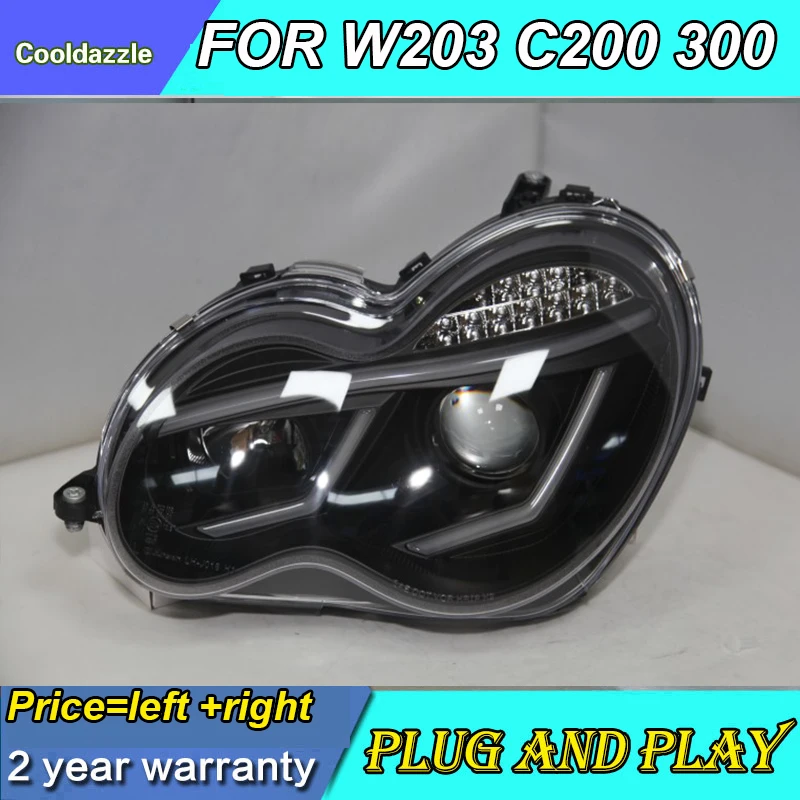 Для Mercedes-Benz 2000-2007 год W203 C63 C200 C230 C280 C300 светодиодный ангельские глазки светодиодный передний фонарь с DRL дневным светом