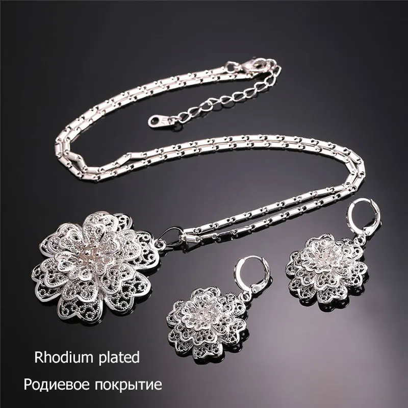 U7 Женские Позолоченные Винтаж Цветок Колье Серьги Комплект Ювелирные Изделия