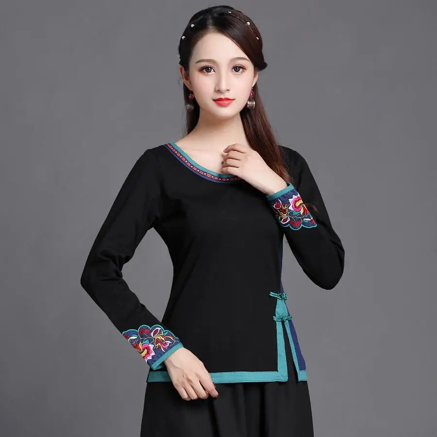 Black Long sleeve Этническая белая футболка с вышивкой, Женская Лоскутная рубашка, плюс размер, женская элегантная Приталенная футболка из 95% хлопка с круглым вырезом, облегающие Топы - Цвет: Black Long sleeve