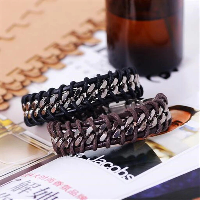 Винтажный плетеный браслет из натуральной кожи широкий с манжетами в стиле панк