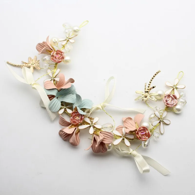Ручной работы цветок жемчуг невесты головной убор Стрекоза Свадьба ободки