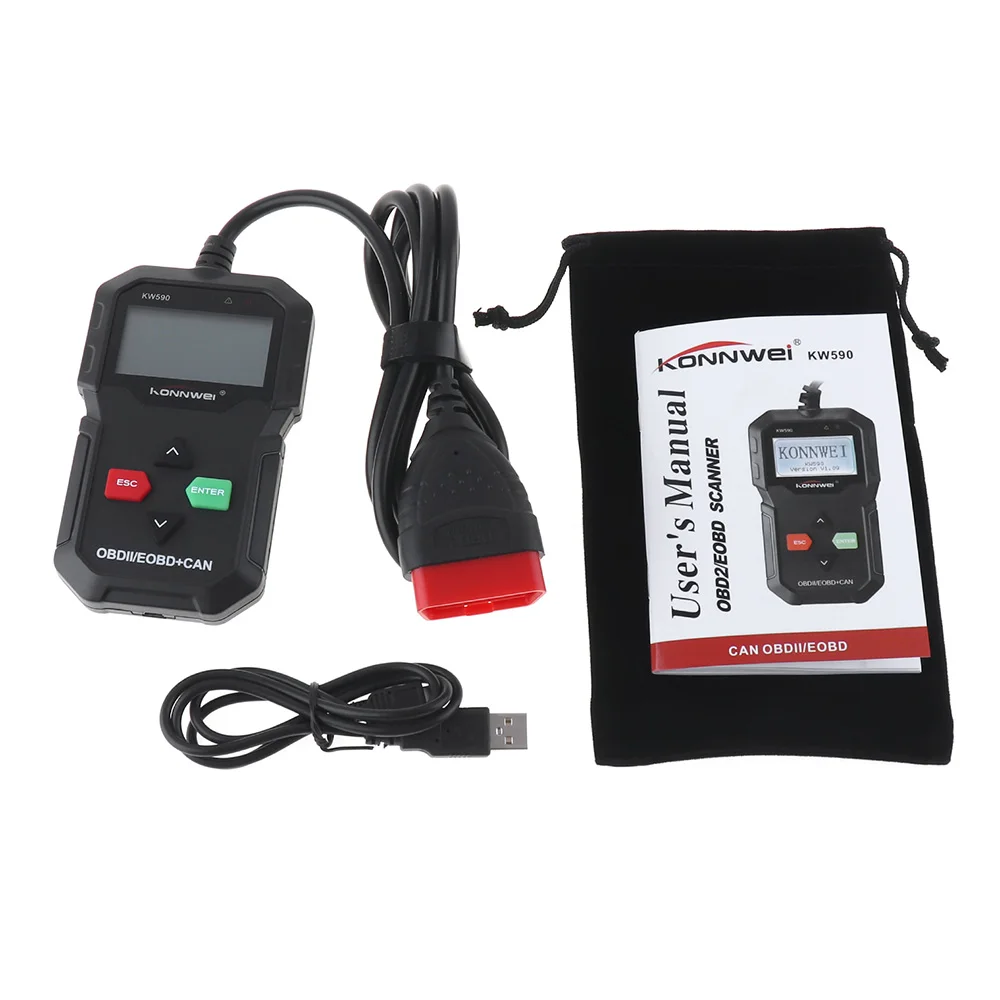 Konnwei KW590 12V OBDII Многоязычная Автоматическая диагностика неисправностей Обнаружение Instrumen с черной тканевой сумкой для 12V бензинового автомобиля