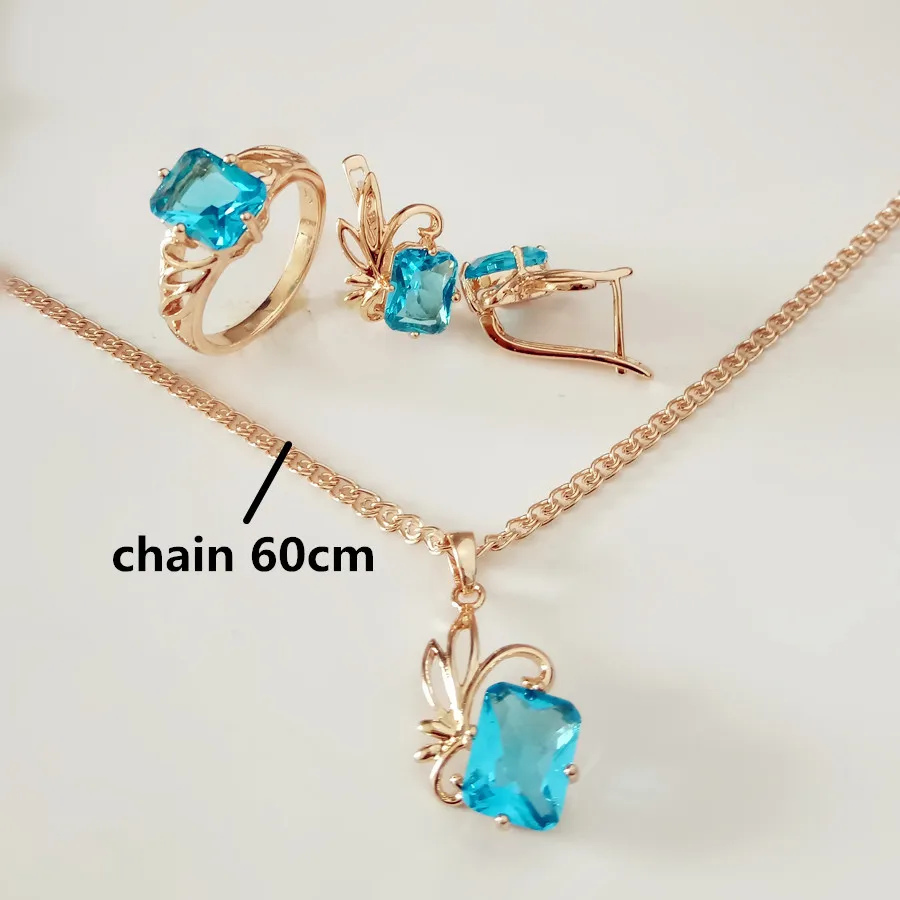 set with 60cm chain Модные женские ювелирные наборы в форме цветка, 585, розовое золото, набор ювелирных изделий, серьги+ кольцо+ подвеска, ювелирные наборы для помолвки - Окраска металла: set with 60cm chain