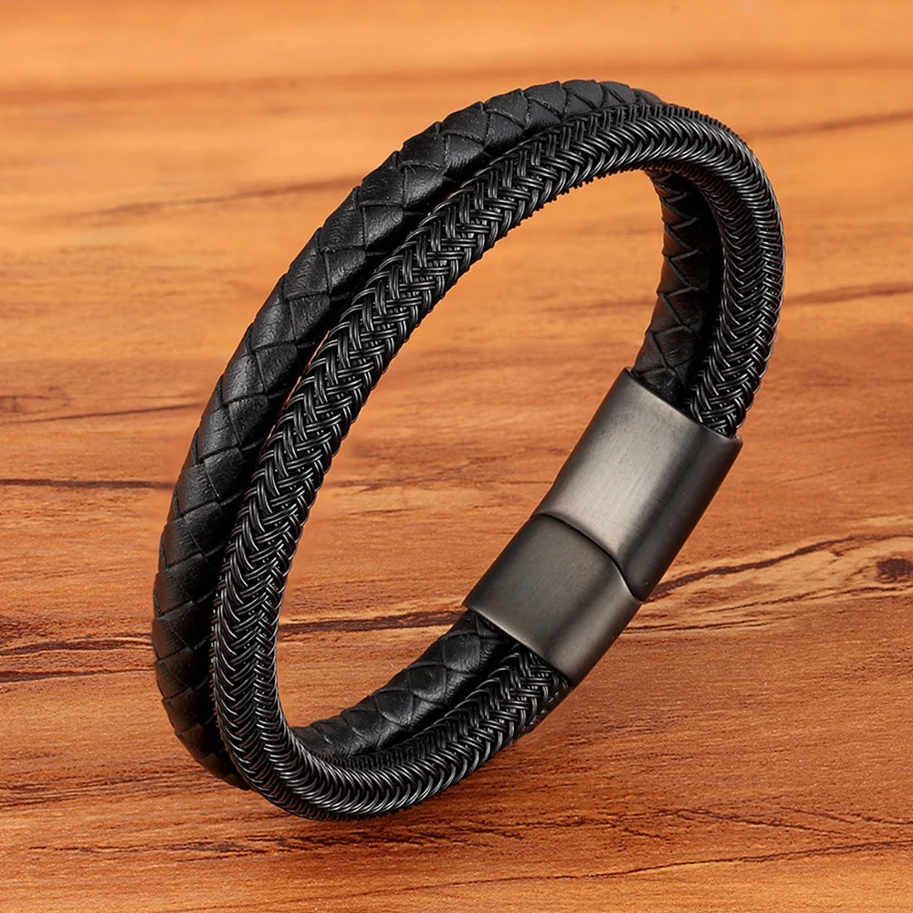 Фото XQNI Classic Style Leather With Stainless Steel Stitching Combination Men's Bracelet Black/Steel Buckle Party Accessories Gift №5