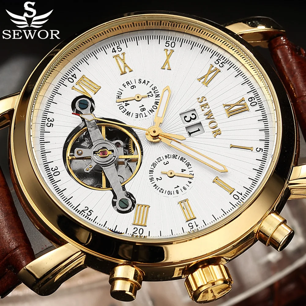 Автоматические механические часы SEWOR Tourbillion черные серебристые деловые