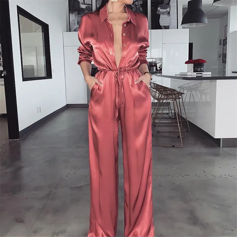 Женский атласный комбинезон с глубоким v образным вырезом весна осень 2019|Женские