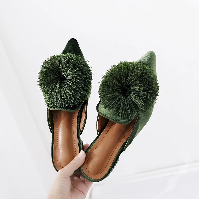Пальто из искусственного меха с помпонами Женские туфли лодочки острый носок на