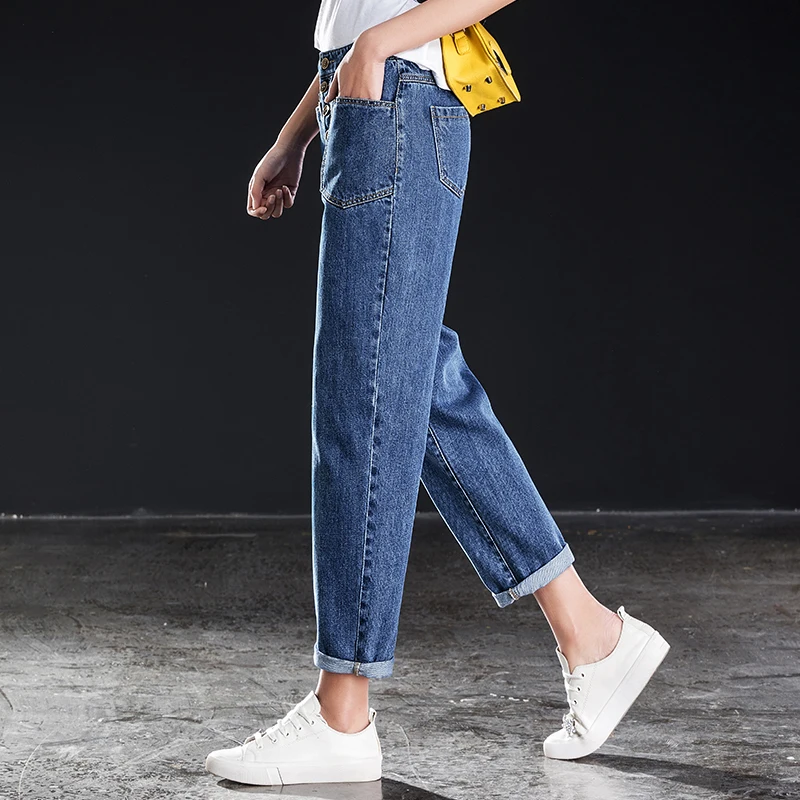 Cuffs Harem Jeans High Waist Boyfriend Denim Loose Mom Ankle Length Pants Female Four Button Fashionable Blue Large Size | Женская