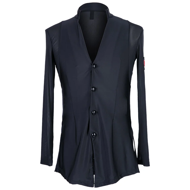 Black Tops Топы Для латинских танцев, новинка, мужские костюмы для бальных танцев, конкурентоспособные рубашки, черные, с длинным рукавом, высокое качество, стрейчевая рубашка, костюм для выступлений DQS1217 - Цвет: Black Tops