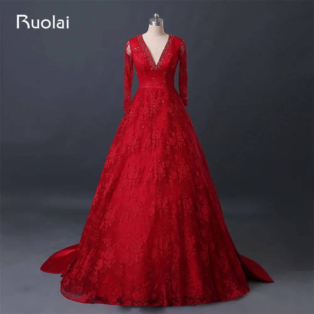 

Gorgeous Red Ball Gown Prom Dresses 2019 V-Neck Long Sleeve Beaded Evening Dresses Removable Train Dubai Robe de Soiree FE89