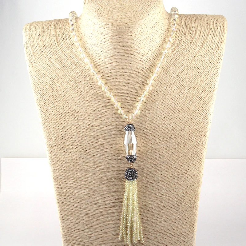 

Fashion Bohemian Jewelry Glass Knotted Crystal Handmake Paved Link Tassel Necklace For Women Ethnic Necklace