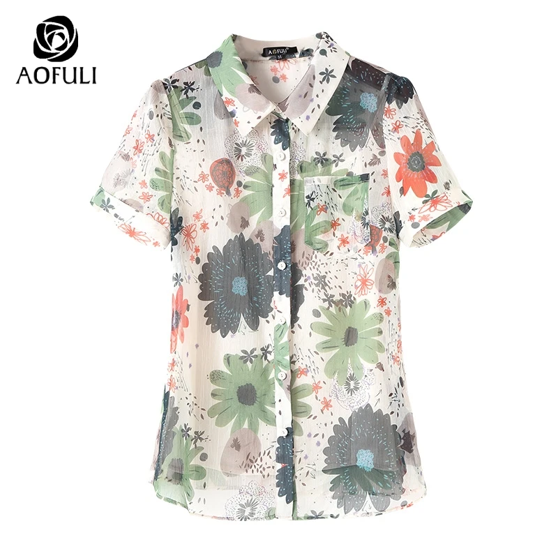 Рубашка женская с цветочным принтом из шифона есть большие размеры L-5XL | Женская