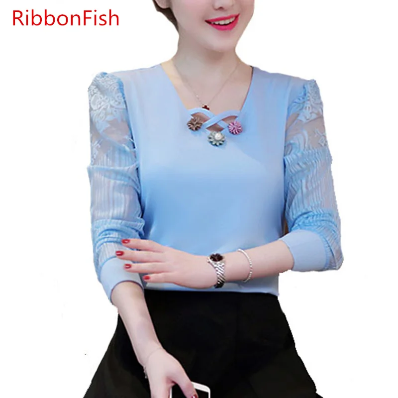 

Women Summer Style Blouses Lady Girls Long Sleeve Lace Floral Decor O-Neck Casual Blusas DF3044
