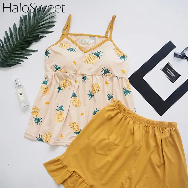 Pattern 3 HaloSweet летняя Хлопковая пижама женская домашняя одежда для женщин шорты Костюмы Одежда Kawai две части слинг шорты - Цвет: Pattern 3