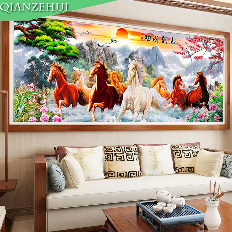 QIANZEHUI, алмазная вышивка, круглый бриллиант, восемь лошадей, животные, полные стразы 5D, алмазная вышивка крестиком, рукоделие