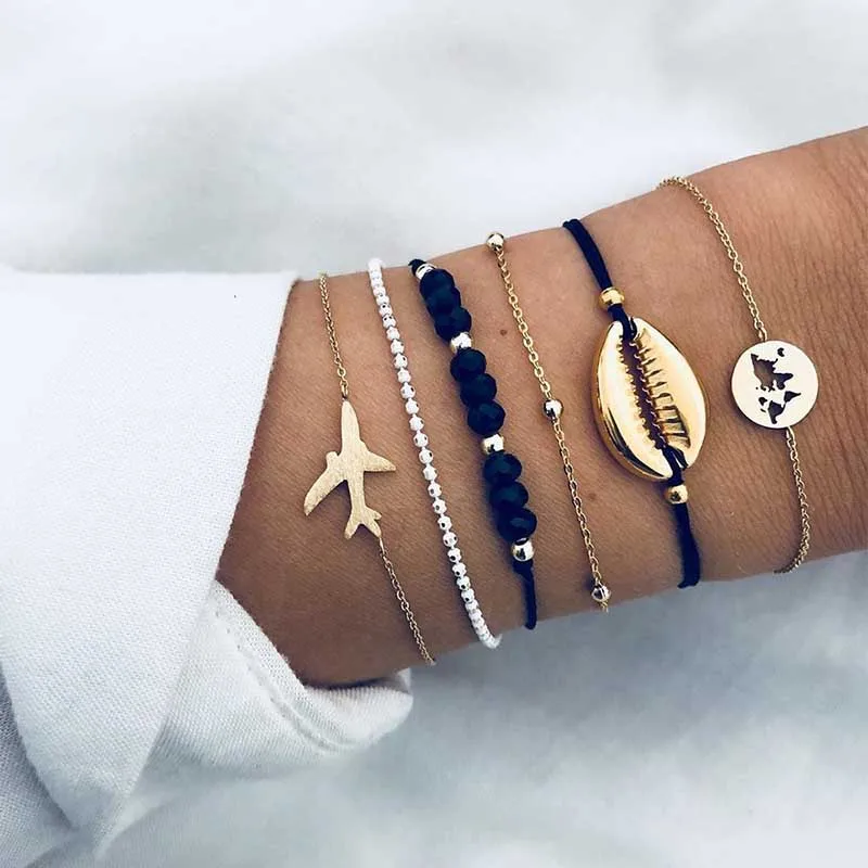 

4 Pcs/Set Geometric Rectangle Round Charm Bracelets Bangles Black Marble Bracelets Link Chain Summer Jewelry Women Accessories