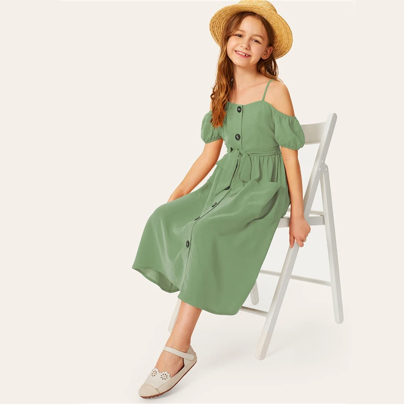 SHEIN/детское однотонное платье для девочек с открытыми плечами и одной пуговицей спереди, с поясом, платье в стиле бохо,, летние платья миди с короткими рукавами для отдыха