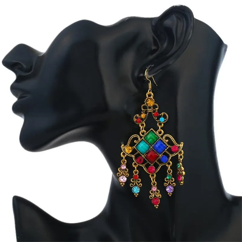 Fashion Colorful Hollow Flower Big Rhinestone Drop Earrings For Women Chic Statement Jewelry Retro Gold Color Crystal Earring | Украшения и