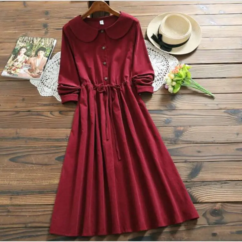 Mori Girl Bordeaux Red Corduroy Dress New Autumn Winter Women Peter Pan Collar Long Sleeved Long Vintage Dresses
