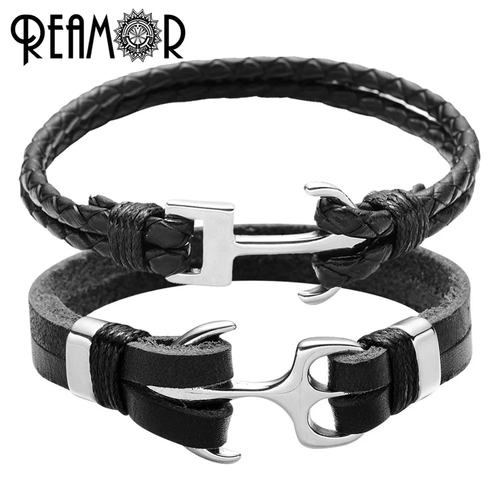 Мужские браслеты с подвесками REAMOR из нержавеющей стали 316L якорем черные двойные