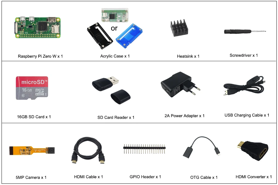 Комплект Raspberry Pi Zero W+ акриловый чехол+ сенсорный экран 2,8 дюйма+ камера 5 Мп+ сетевая карта RJ45+ sd-карта 32 ГБ+ теплоотвод+ HDMI