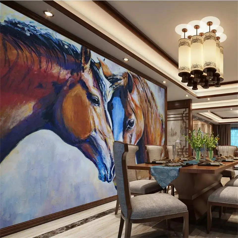 

3d обои фото на заказ гостиная росписи две лошади цвет картина маслом картины 3d настенные росписи обои для стен 3d