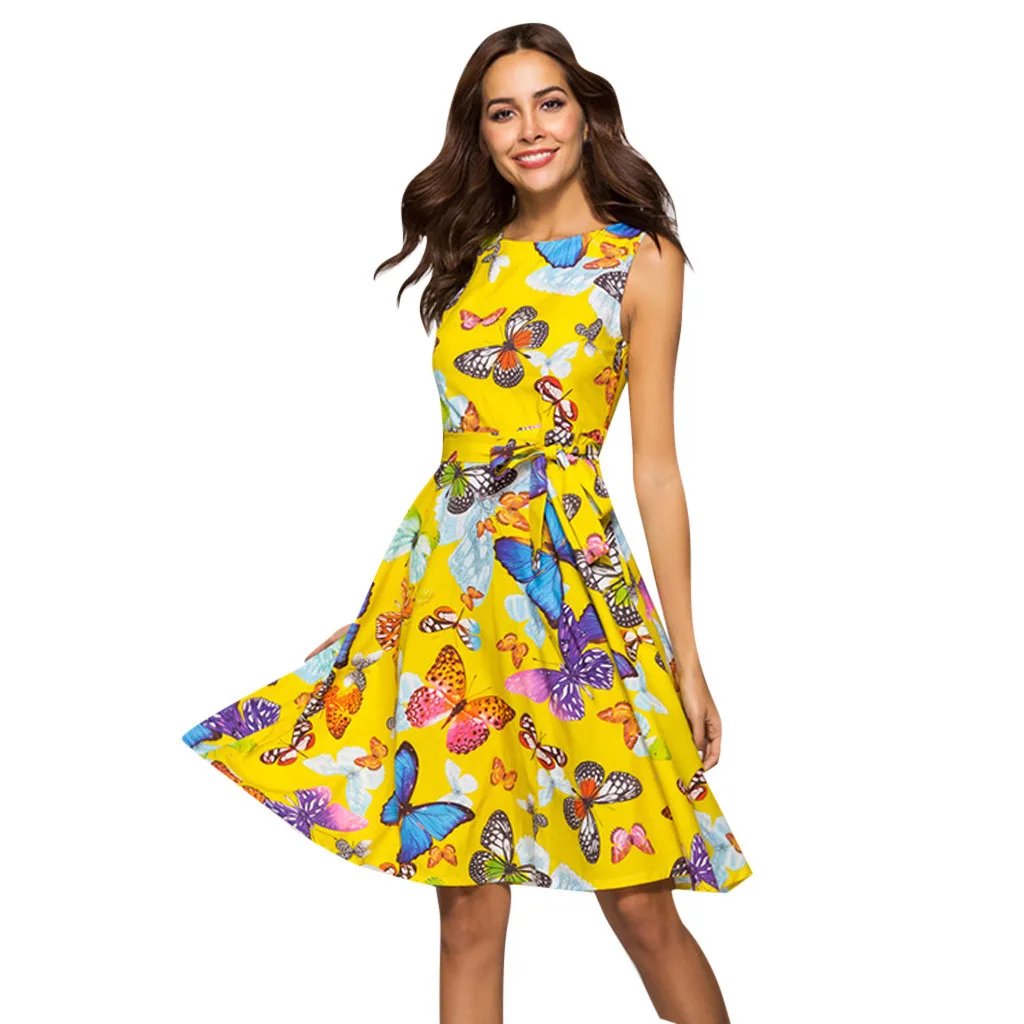 Летнее платье с принтом бабочки повседневное модное большого размера без бретелек рукавов для пляжа Boho