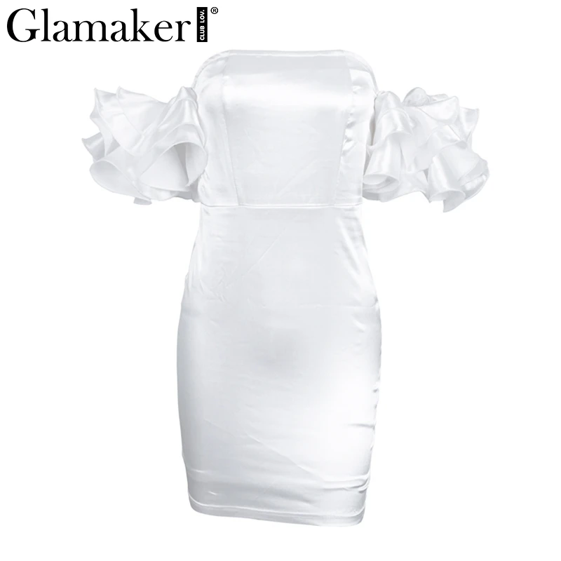 Женское платье с открытыми плечами Glamaker Белое Облегающее оборками элегантное