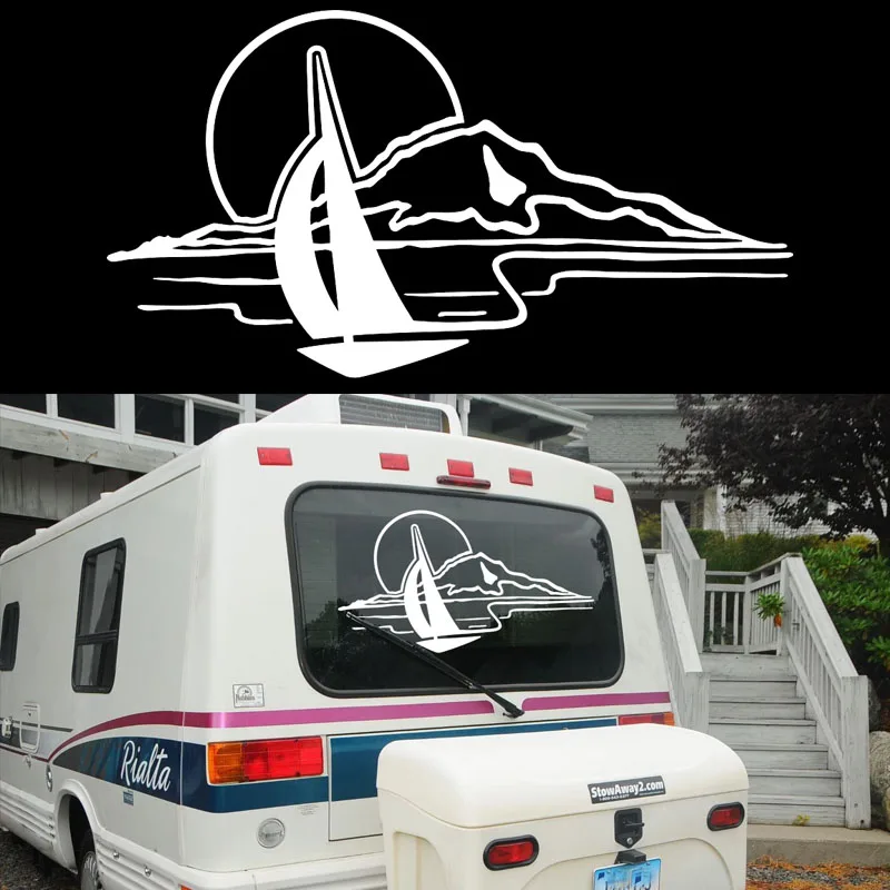 Картина горная лодка с пейзажем заката на озере графика для заднего или капота