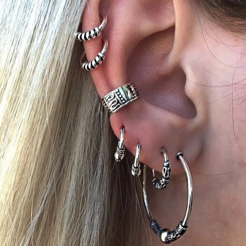 

Bohemian Women Vintage Punk Geometric Ear Cuff Earring Jewelry Pendientes Vintage Small Round Circle Earrings Set