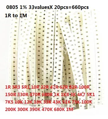Комплект резисторов 1206 0805 0603 (1R ~ 1M 1%) 33 значения x 20 шт. = 660 в упаковке набор