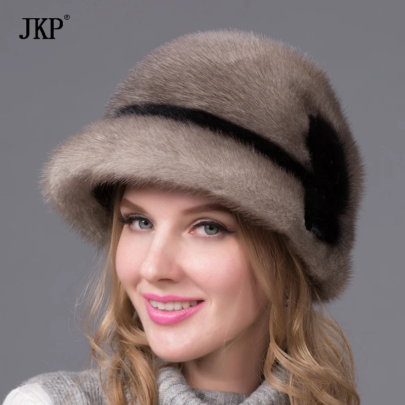 100% натуральный мех норки шапка с полями Осень Зима Женская рюшами Jurchens теплая
