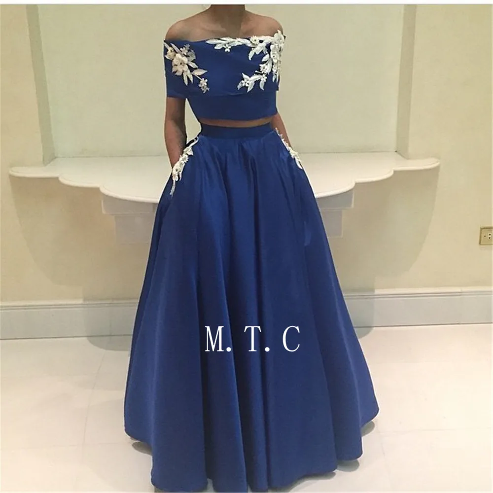 

Blue 2 Piece Prom Dresses Off The Shoulder Boat Neck Flowers Satin A Line Long Formal Occasion Dress Cheap 2019 Robe De Soiree