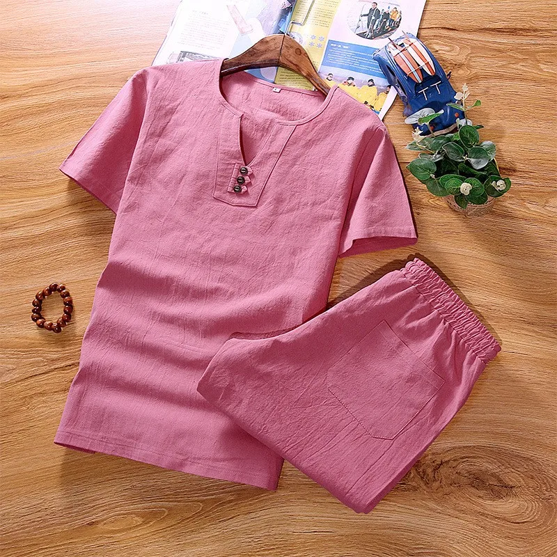 Комплект мужской из хлопка и льна тонкая футболка с коротким рукавом модный
