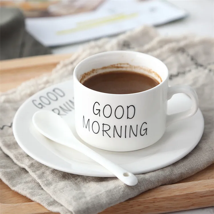 "GOOD MORNING" фарфоровая посуда керамическая салатная суповая рисовая миска для десерта тарелка кофейная чашка блюдце кружка обеденный набор столовая посуда - Цвет: Coffee Cup Set