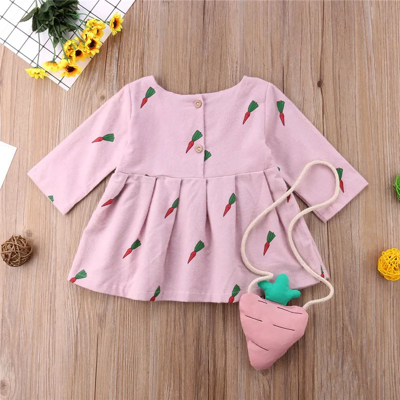 Toddler Children Baby Girls Dress Carrot Print Long Sleeve Autumn Round Neck Princess Party Dresses Girl Clothing Cute Cotton | Детская