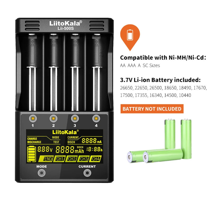 Новинка зарядное устройство LiitoKala lii 500S 3 7 V 18650 26650 + 4 шт. 3400mAh INR18650B аккумуляторные