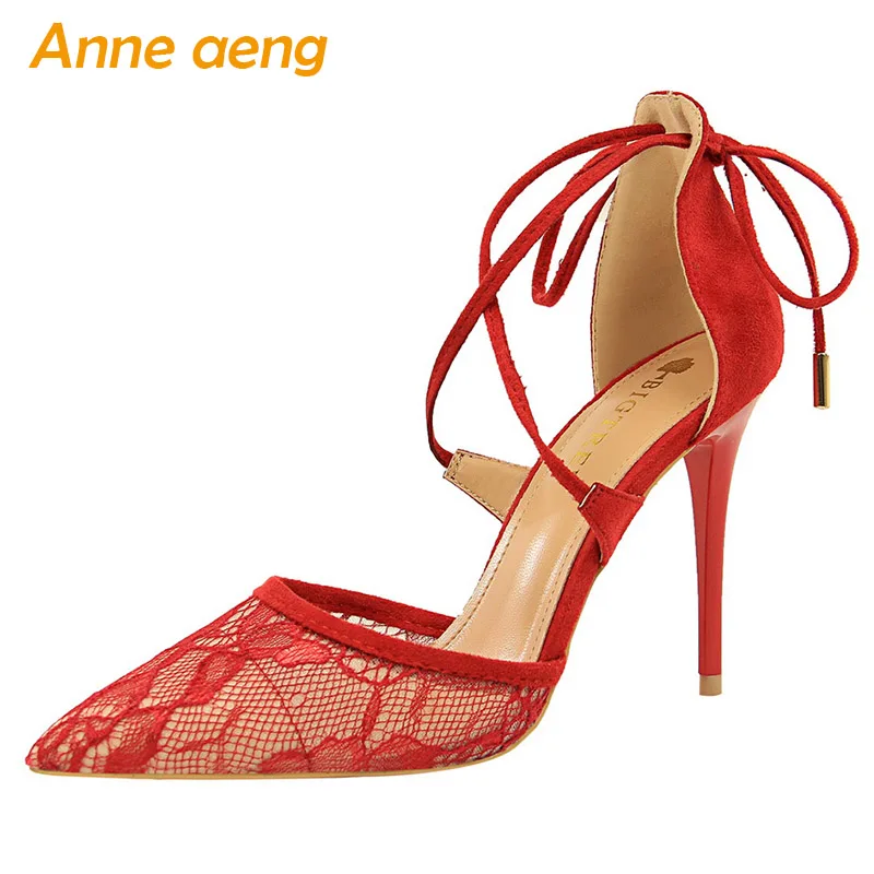 

Женские босоножки на высоком тонком каблуке, с острым носком, с перекрестной шнуровкой, красные, Новинка лета 2019