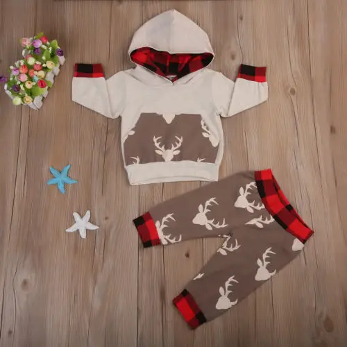 2018 2pcs Autumn Clothes Newborn Baby Boy Plaid Patchwork Long Sleeve Hooded Sweatshirt Tops Cartoon Deer Pants Outfit Set |