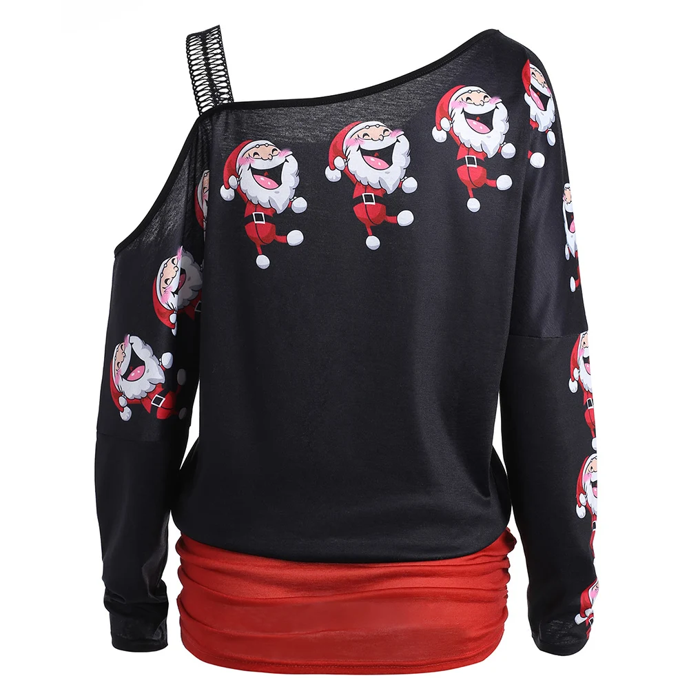 Wipalo Hotsale Cold Shoulder Santa Claus Laugh Print T-Shirt Harajuku Women Merry Christmas Camiseta Mujer From S-2XL | Женская одежда