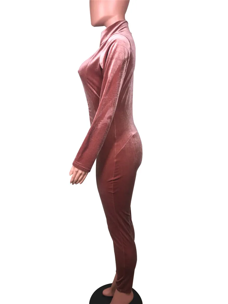 Повседневное комбинезон осень одежда с длинным рукавом полной длины насыщенный Коричневый Розовый Узкие бархатные боди уличная спереди молния стоячим воротником