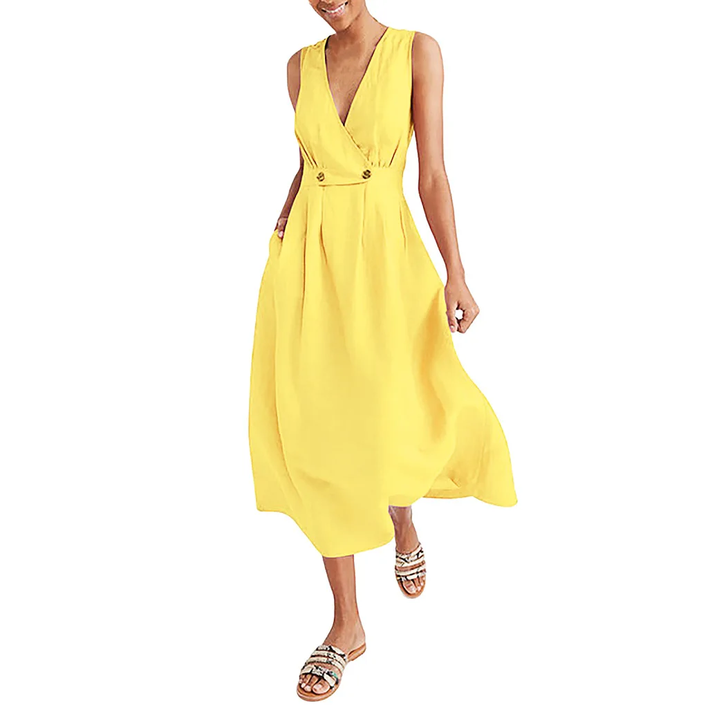 Женское платье с v-образным вырезом однотонное без рукавов на пуговицах легкое