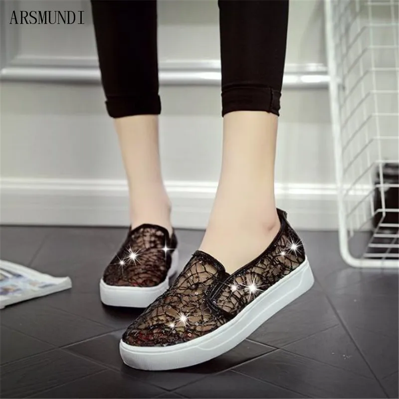 ARSMUNDI 2019 New Fashion Summer Lace Rhinestones Women Flats Casual Cut Outs Shoes Hollow Floral Breathable Platform M353 | Обувь
