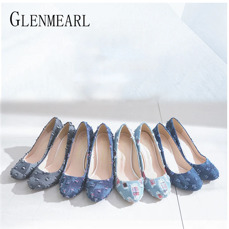 Туфли лодочки женские на высоком каблуке повседневная обувь из денима платформе