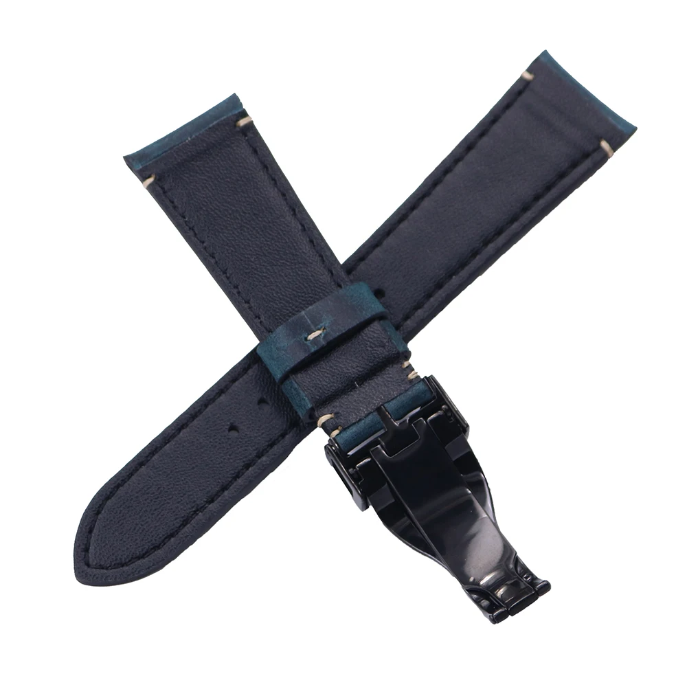 Rolamy Wholesale 22mm Vintage Blue Genuine Leather Replacement Wrist Watchband Strap Belt Loops Band Bracelets For IWC Tudor