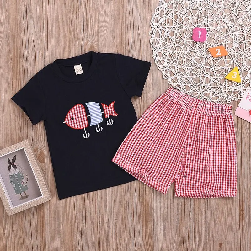 Summer Short Sleeve Embroidery Cartoon Print T-shirt Tops+Shorts Suits Costume Set Kids Boy Girl Casual Sets | Детская одежда и