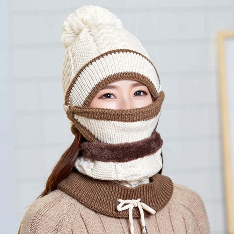 Beige2 Женские зимние шапки, вязаные утолщенные шапки с теплой маской и шейным шарфом, комплекты для водителя, ветрозащитные комплекты, шарф, шапка и перчатки - Цвет: Beige2
