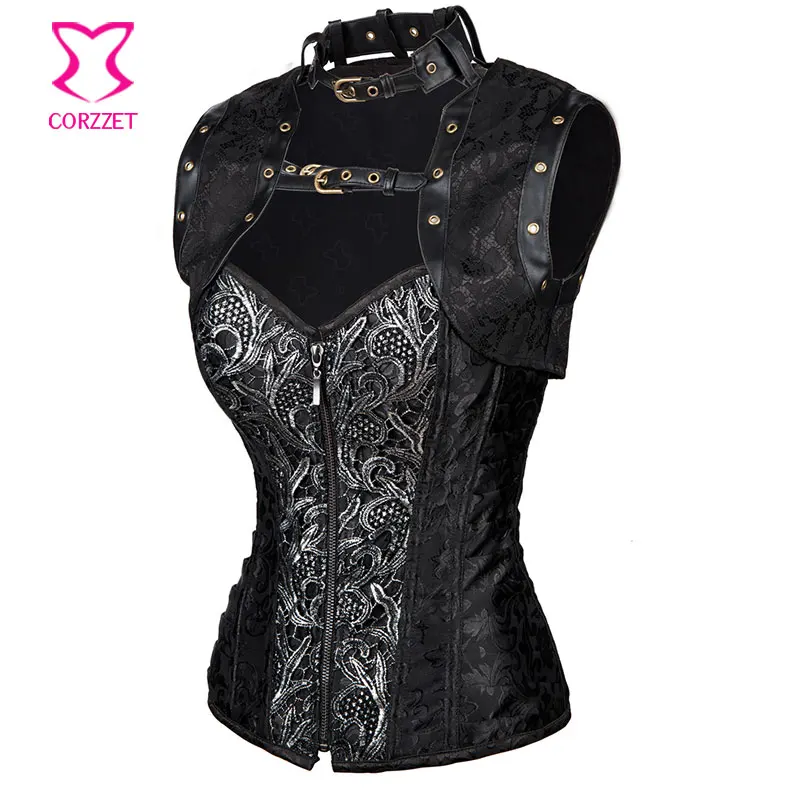 Черный винтажный корсет из парчовой спиральной стали с косточками для талии
